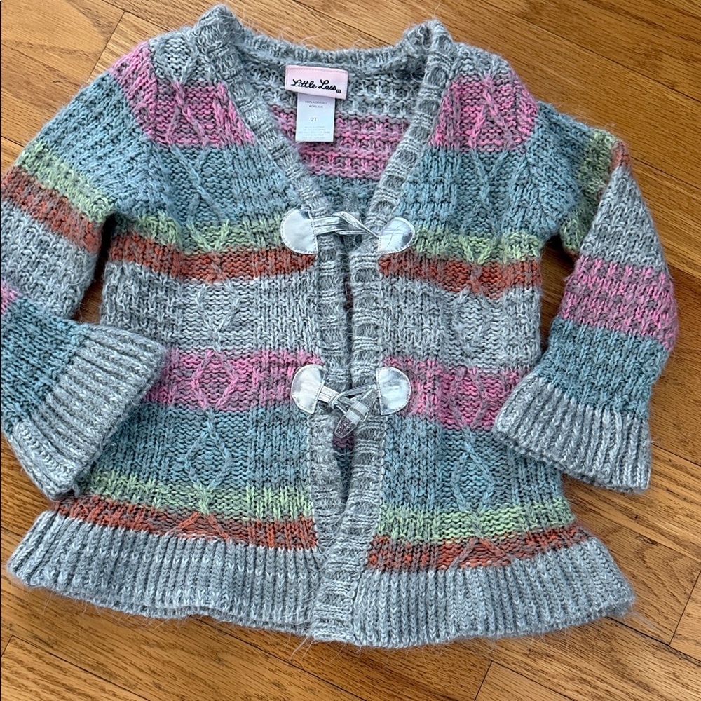 Little Lass Gray Knit Cardigan with Pink, Blue, Green & Orange Stripe Fun Spring